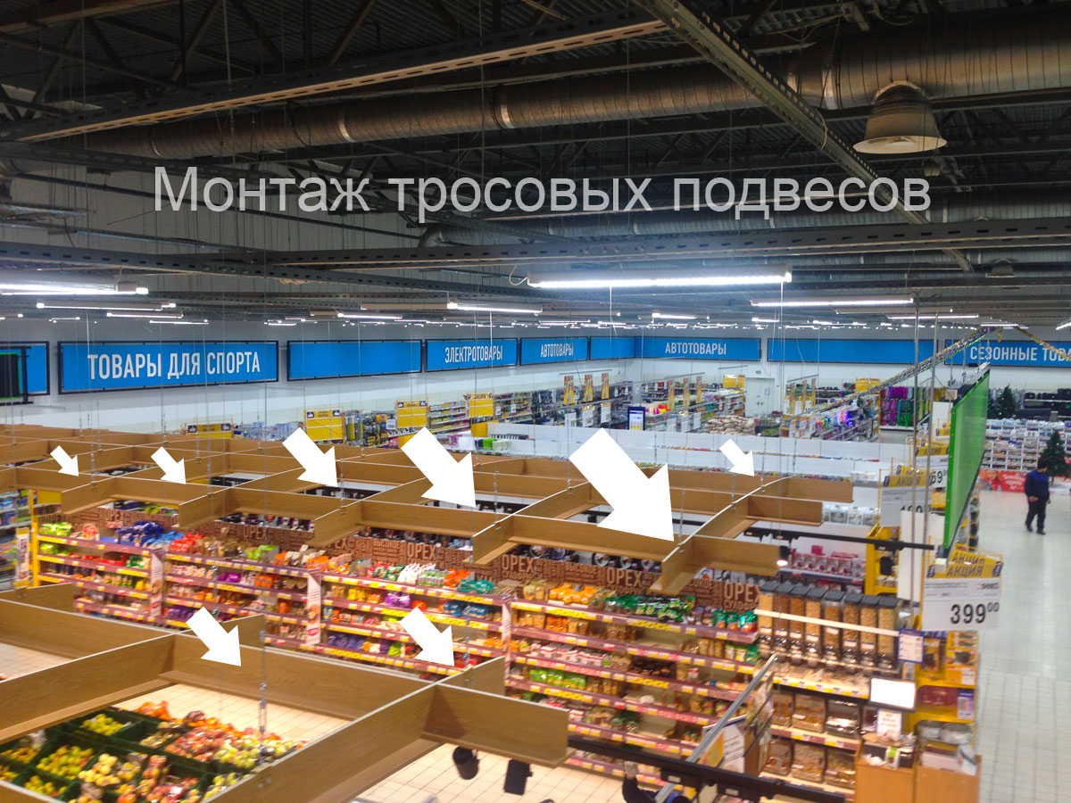 Фото выполненного монтажа тросовых подвесов к потолку гипермаркета «Лента» в Москве