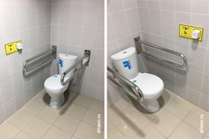 Фото специализированных туалетов для маломобильных групп населения, оборудованных поручнями из нержавеющей стали и системами вызова для инвалидов